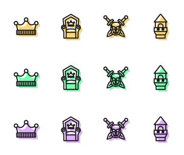 Set line Skull with sword, King crown, Medieval throne and Castle tower icon. Vector