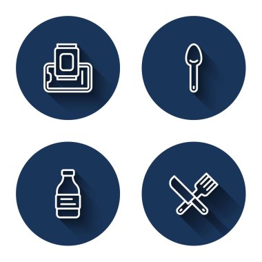 Set line Food ordering on mobile, Spoon, Bottle of water and Crossed knife and fork with long shadow. Blue circle button. Vector