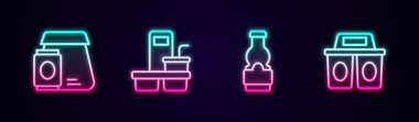 Set line Online ordering food, Coffee cup to go, Sauce bottle and . Glowing neon icon. Vector