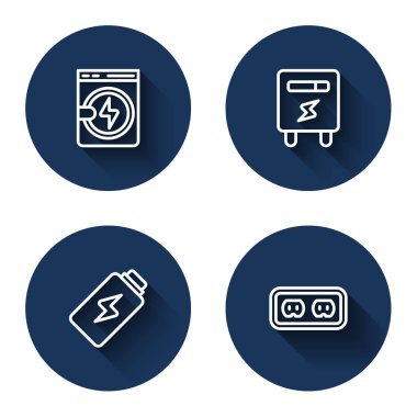 Set line Washer, Electric meter, Battery charge and Electrical outlet with long shadow. Blue circle button. Vector