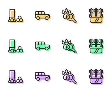 Set line Paw search, Cartridges, Safari car and Quiver with arrows icon. Vector