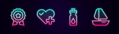 Set line Medal with star, Heart rate, Fitness shaker and Yacht sailboat. Glowing neon icon. Vector
