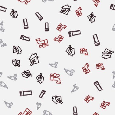 Set line House with trowel, Hand saw, Electric drill machine and Water tap on seamless pattern. Vector