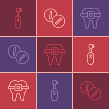 Set line Electric toothbrush, Teeth with braces and Toothache painkiller tablet icon. Vector