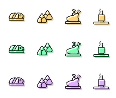 Set line Roasted turkey or chicken, Fish with sliced pieces, Zongzi in bamboo steamer and Cup of icon. Vector