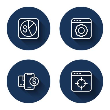 Set line Market analysis, Browser setting, Mobile with dollar and Target financial goal with long shadow. Blue circle button. Vector