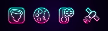 Set line Tornado, Moon phases, Thermometer and Satellite. Glowing neon icon. Vector