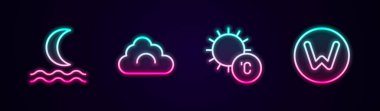Set line Night fog or smoke, Cloud, Sun and Compass north. Glowing neon icon. Vector