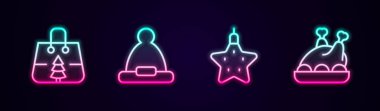 Set line Christmas shopping bag, Santa Claus hat, star and Roasted turkey or chicken. Glowing neon icon. Vector