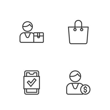 Set line Buyer, Mobile shopping,  and Paper bag icon. Vector