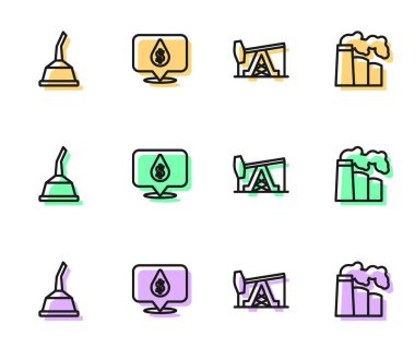 Set line Oil pump or pump jack, Canister for motor machine oil, drop with dollar symbol and and gas industrial factory icon. Vector