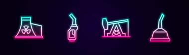 Set line Nuclear power plant, Gasoline pump nozzle, Oil or jack and Canister for motor machine oil. Glowing neon icon. Vector