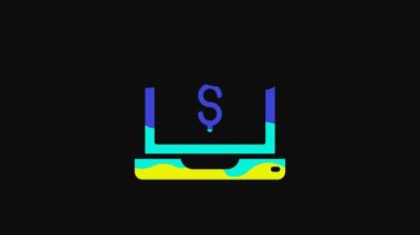 Yellow Laptop with dollar icon isolated on black background. Sending money around the world, money transfer, online banking, financial transaction. 4K Video motion graphic animation.