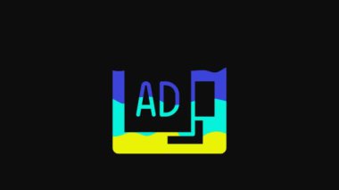 Yellow Advertising icon isolated on black background. Concept of marketing and promotion process. Responsive ads. Social media advertising. 4K Video motion graphic animation.