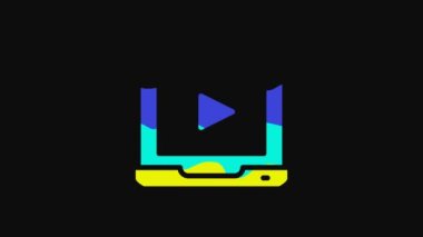 Sarı Online video oynatma simgesi siyah arkaplanda izole edildi. Dizüstü bilgisayar ve oyun işaretli film şeridi. 4K Video hareketli grafik canlandırması.