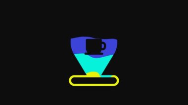 Yellow Location with coffee cup icon isolated on black background. 4K Video motion graphic animation.