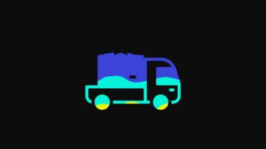 Yellow Delivery cargo truck vehicle icon isolated on black background. 4K Video motion graphic animation.