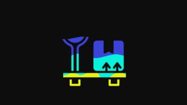 Yellow Scale with cardboard box icon isolated on black background. Logistic and delivery. Weight of delivery package on a scale. 4K Video motion graphic animation.