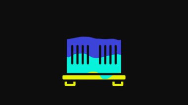 Yellow Container icon isolated on black background. Crane lifts a container with cargo. 4K Video motion graphic animation.