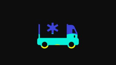 Sarı ambulans ve acil durum arabası ikonu siyah arka planda izole edildi. Ambulans aracı tıbbi tahliye. 4K Video hareketli grafik canlandırması.
