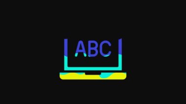 Sarı dizüstü bilgisayar simgesi siyah arkaplanda izole edildi. Boş ekran işaretli bilgisayar defteri. 4K Video hareketli grafik canlandırması.