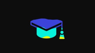 Yellow Graduation cap icon isolated on black background. Graduation hat with tassel icon. 4K Video motion graphic animation.