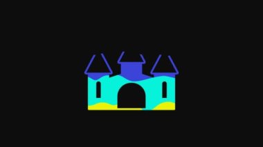 Yellow Castle icon isolated on black background. Medieval fortress with a tower. Protection from enemies. Reliability and defense of the city. 4K Video motion graphic animation.
