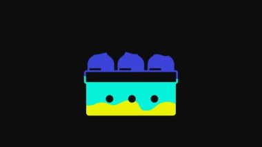 Yellow Bottles of wine in a wooden box icon isolated on black background. Wine bottles in a wooden crate icon. 4K Video motion graphic animation.