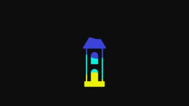 Yellow Castle tower icon isolated on black background. Fortress sign. 4K Video motion graphic animation.