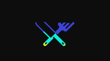Yellow Crossed knife and fork icon isolated on black background. Cutlery symbol. 4K Video motion graphic animation.