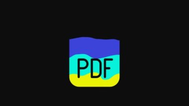 Yellow PDF file document. Download pdf button icon isolated on black background. PDF file symbol. 4K Video motion graphic animation.