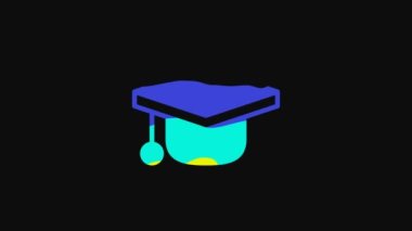 Yellow Graduation cap icon isolated on black background. Graduation hat with tassel icon. 4K Video motion graphic animation.