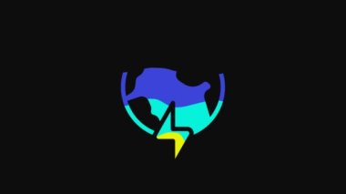 Yellow Global energy power planet with flash thunderbolt icon isolated on black background. Ecology concept and environmental. 4K Video motion graphic animation.