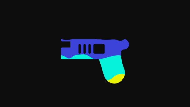 黒の背景に隔離された黄色の未来型宇宙銃のブラスターアイコン レーザーハンドガン エイリアン武器 4Kビデオモーショングラフィックアニメーション — ストック動画