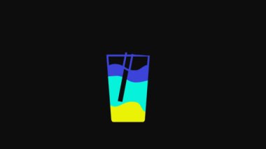 Yellow Glass with water icon isolated on black background. Soda glass. 4K Video motion graphic animation.