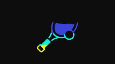 Yellow Tennis racket with ball icon isolated on black background. Sport equipment. 4K Video motion graphic animation.
