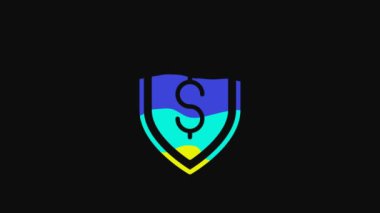 Yellow Shield with dollar symbol icon isolated on black background. Security shield protection. Money security concept. 4K Video motion graphic animation.