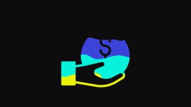 Yellow Money bag icon isolated on black background. Dollar or USD symbol. Cash Banking currency sign. 4K Video motion graphic animation.