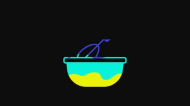 Yellow Cooking whisk with bowl icon isolated on black background. Cooking utensil, egg beater. Cutlery sign. Food mix symbol. 4K Video motion graphic animation.