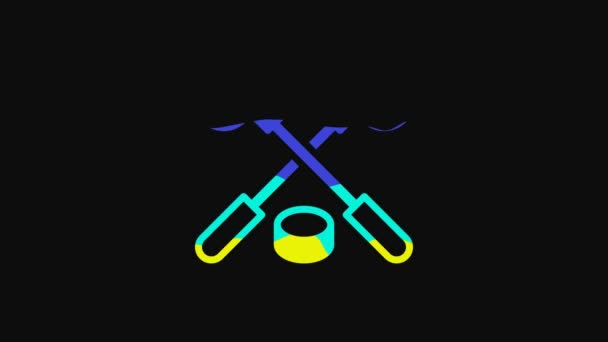 Жовті Хокейні Палички Піктограма Шайби Ізольовані Чорному Тлі Початок Гри — стокове відео