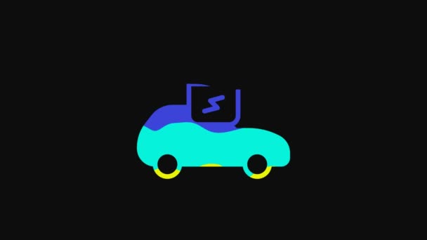 Желтый Электрический автомобиль и электрический кабель зарядки значок изолированы на черном фоне. Возобновляемые экологические технологии. Видеографическая анимация 4K.