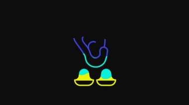 Yellow Earplugs and ear icon isolated on black background. Ear plug sign. Noise symbol. Sleeping quality concept. 4K Video motion graphic animation.