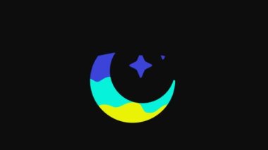 Yellow Moon and stars icon isolated on black background. Cloudy night sign. Sleep dreams symbol. Full moon. Night or bed time sign. 4K Video motion graphic animation.