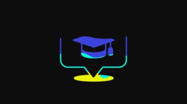 Yellow Graduation cap in speech bubble icon isolated on black background. Graduation hat with tassel icon. 4K Video motion graphic animation.