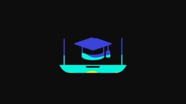 Yellow Graduation cap on screen laptop icon isolated on black background. Online learning or e-learning concept. 4K Video motion graphic animation.