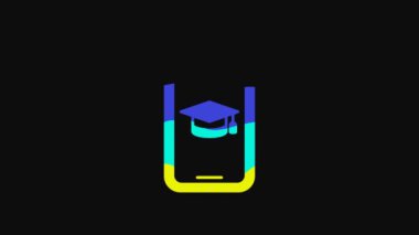 Yellow Graduation cap on screen smartphone icon isolated on black background. Online learning or e-learning concept. 4K Video motion graphic animation.