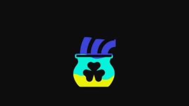 Yellow Pot of gold with magic rainbow icon isolated on black background. Happy Saint Patricks day. National Irish holiday. 4K Video motion graphic animation.