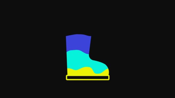 黄色防水橡胶靴图标隔离在黑色背景 雨天用的胶靴 4K视频运动图形动画 — 图库视频影像