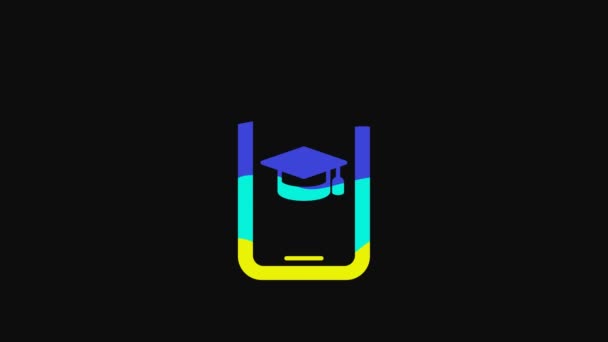 屏幕智能手机图标上的黄色毕业帽被隔离在黑色背景中 在线学习或电子学习的概念 4K视频运动图形动画 — 图库视频影像