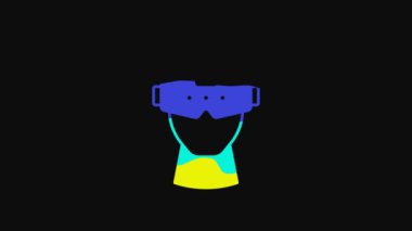 Sarı sanal gerçeklik gözlüğü simgesi siyah arkaplanda izole edilmiş. Stereoskopik 3D VR maskesi. Optik baş monte edildi. 4K Video hareketli grafik canlandırması.